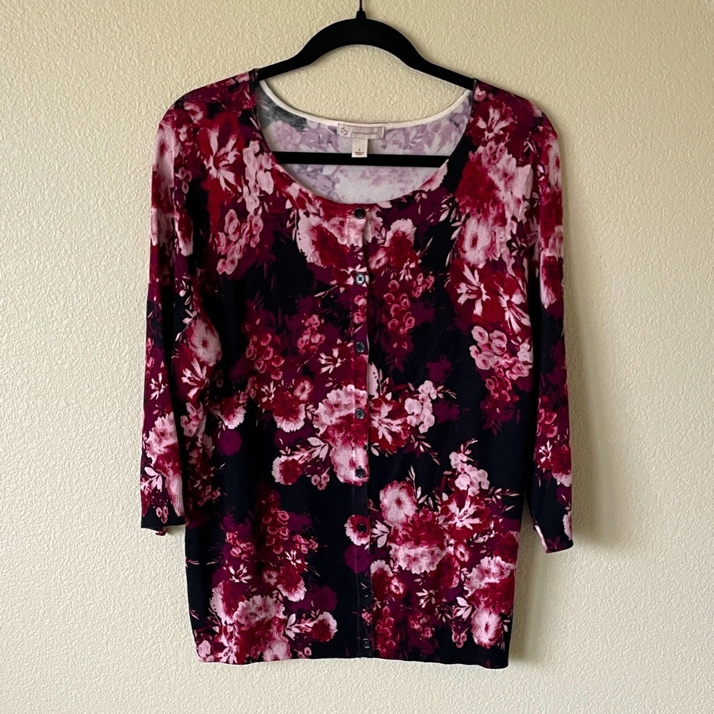 Dark Floral Y2K Cardigan Sweater L Button Front 90s Career Office Dark Romantic